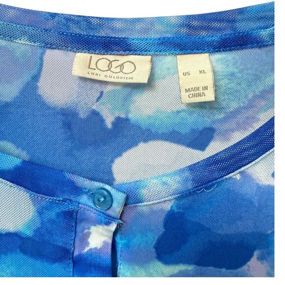 LOGO Lori Goldstein Stretch Mesh Cardigan XL Blue Watercolor Sheer Beach Top - Picture 10 of 14